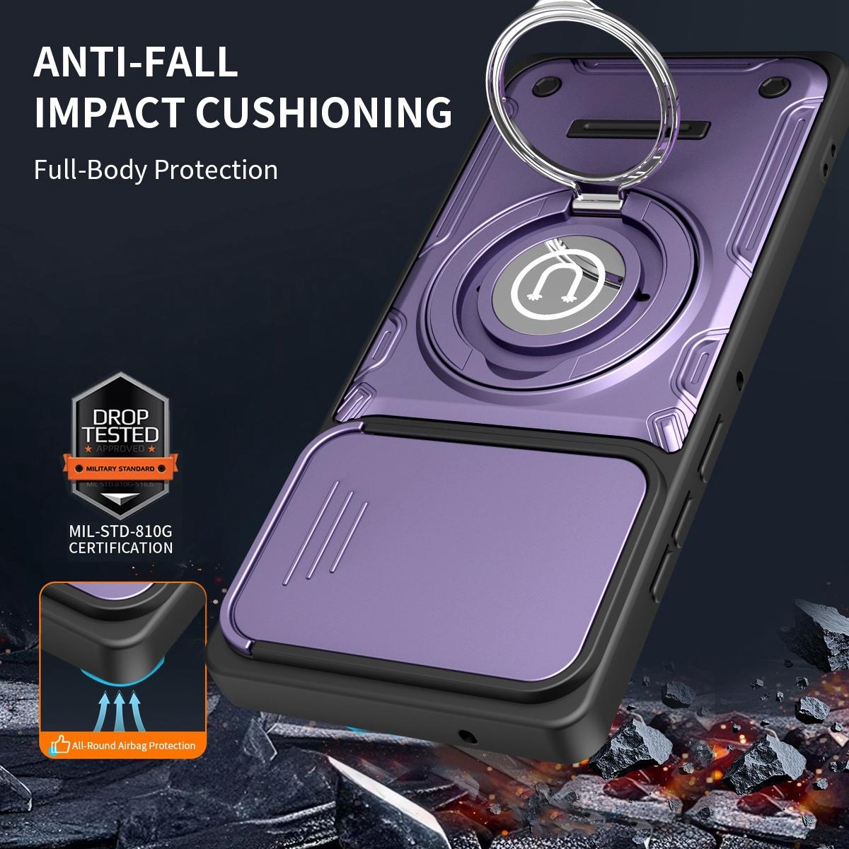 Motorola Moto G85 Magnetic Sliding Camshield Holder Phone Case with Lens Protection Cover, Built-in Kickstand, Shockproof PC TPU Back Cover, Car Mount Compatible Protective Case