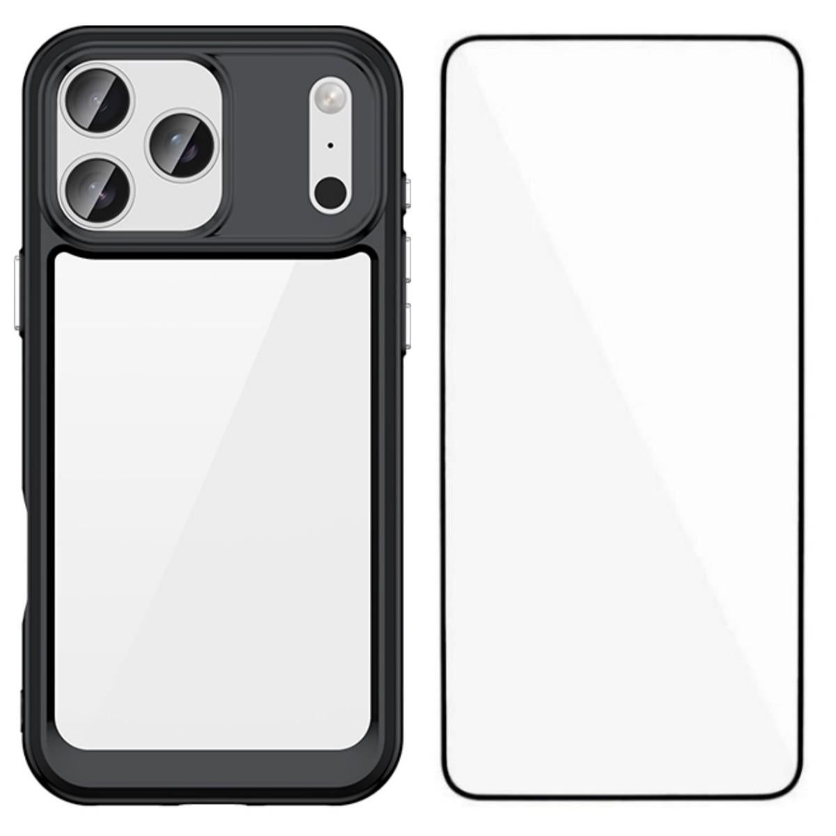 Apple iPhone 17 Pro Max Electroplated Buttons TPU Acrylic Phone Case with Screen Protector - Heavy Duty Shockproof Cover, Air Cushion Corners, Raised Camera & Screen Protection, HD Tempered Glass Full Coverage Protective Case