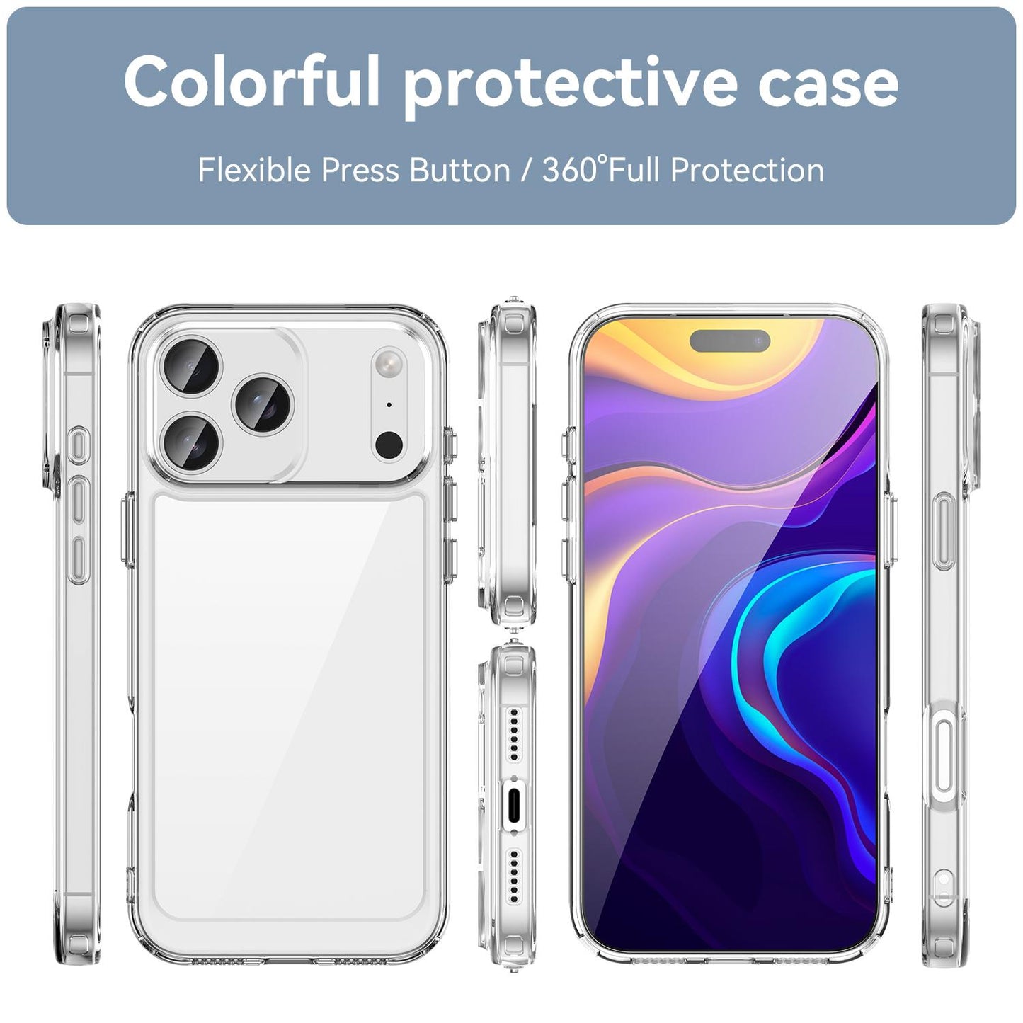 Apple iPhone 17 Pro Max Electroplated Buttons TPU Acrylic Phone Case with Screen Protector - Heavy Duty Shockproof Cover, Air Cushion Corners, Raised Camera & Screen Protection, HD Tempered Glass Full Coverage Protective Case