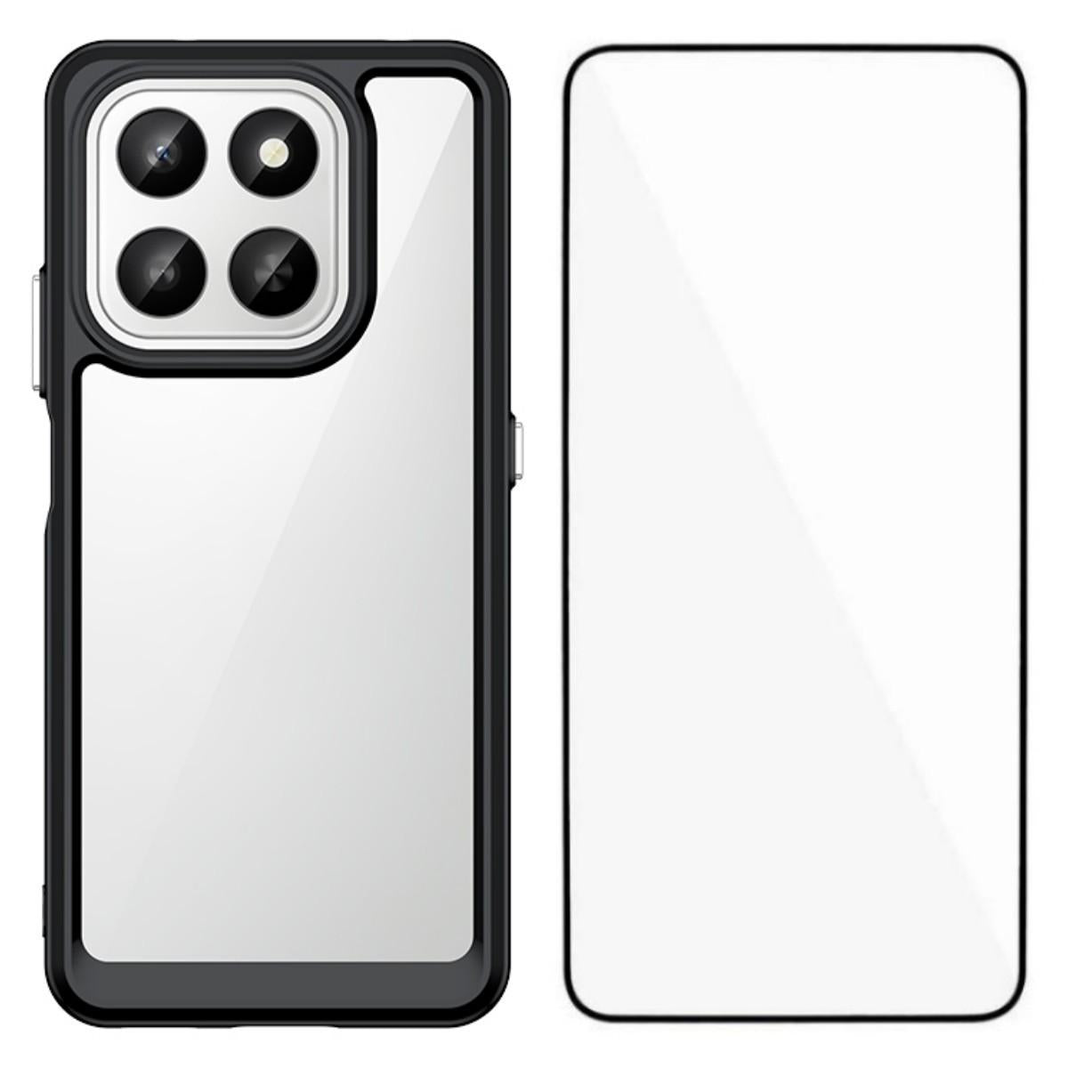 Honor X7d Electroplated Buttons TPU Acrylic Phone Case with Screen Protector - Heavy Duty Shockproof Cover, Air Cushion Corners, Raised Camera & Screen Protection, HD Tempered Glass Full Coverage Protective Case