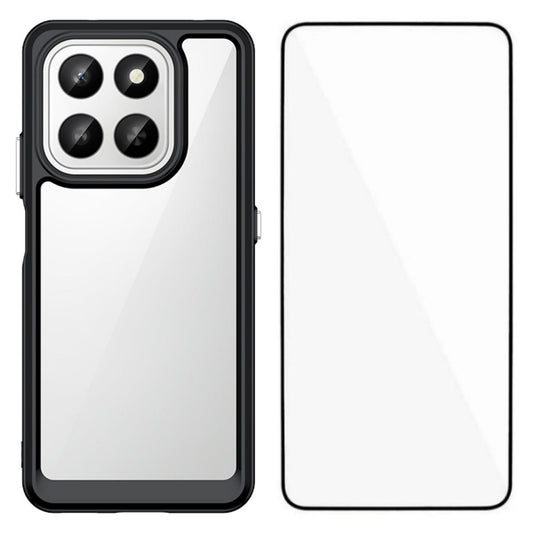 Honor X7d Electroplated Buttons TPU Acrylic Phone Case with Screen Protector - Heavy Duty Shockproof Cover, Air Cushion Corners, Raised Camera & Screen Protection, HD Tempered Glass Full Coverage Protective Case