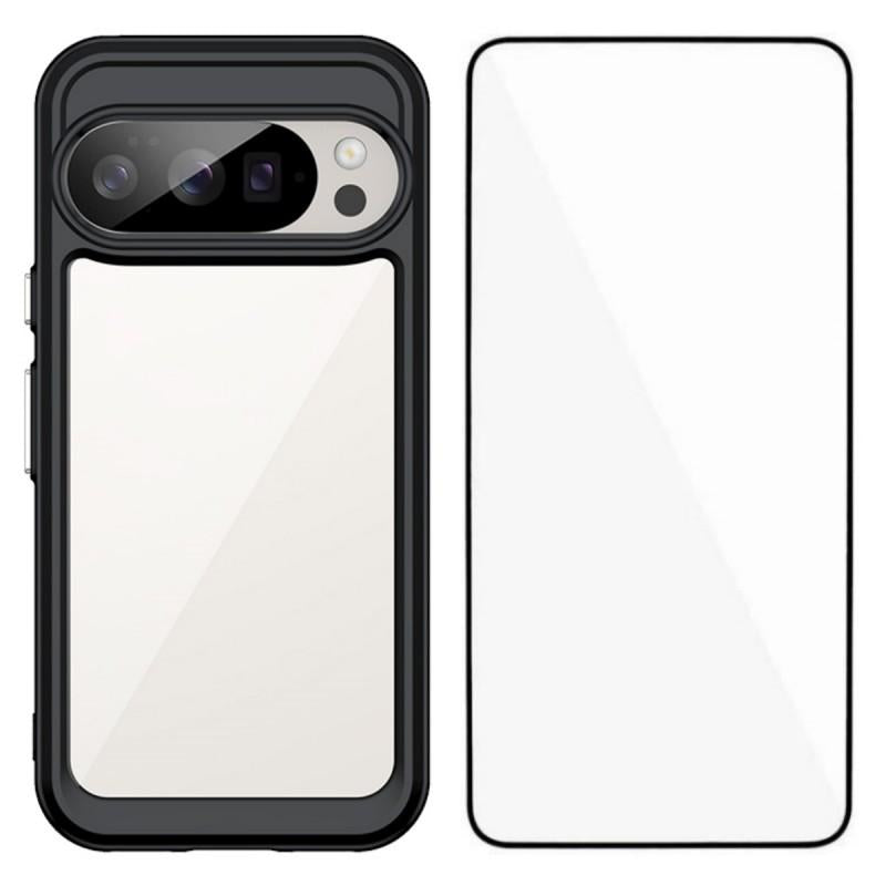 Google Pixel 10 Pro Electroplated Buttons TPU Acrylic Phone Case with Screen Protector - Heavy Duty Shockproof Cover, Air Cushion Corners, Raised Camera & Screen Protection, HD Tempered Glass Full Coverage Protective Case