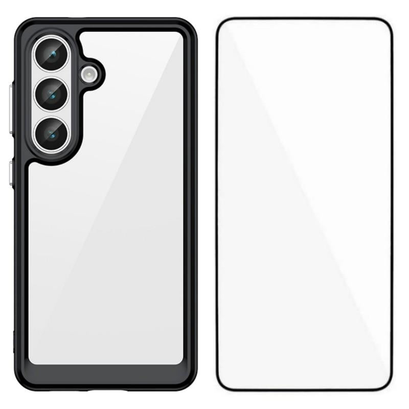 Samsung Galaxy S25 FE 5G Electroplated Buttons TPU Acrylic Phone Case with Screen Protector - Heavy Duty Shockproof Cover, Air Cushion Corners, Raised Camera & Screen Protection, HD Tempered Glass Full Coverage Protective Case