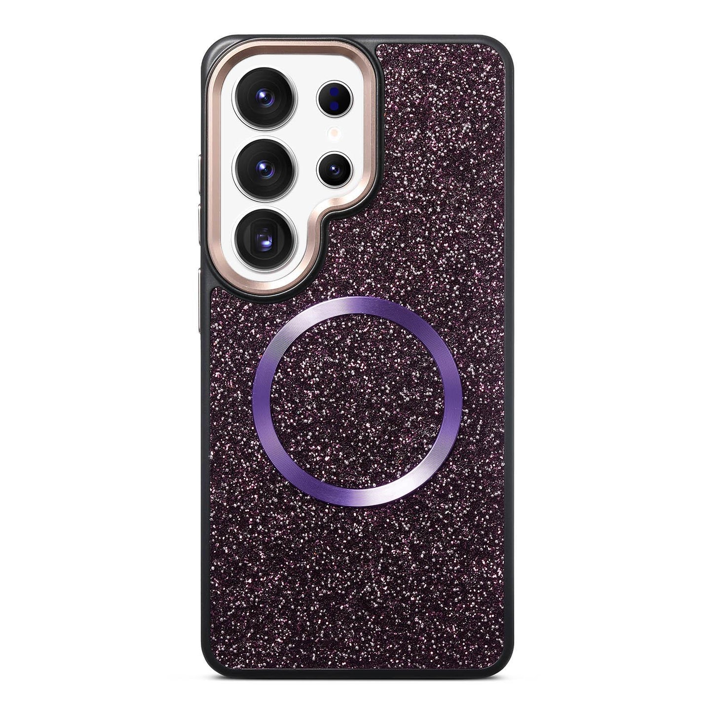 Galaxy S25 Ultra 5G Glitter Airbag Shockproof Magnetic Phone Case with Luxury Sparkly Finish, Metal Camera Lens Protection, PU & TPU Dual Layer Cover, Magnetic Wireless Charging Compatible, Anti-Drop Protective Bumper