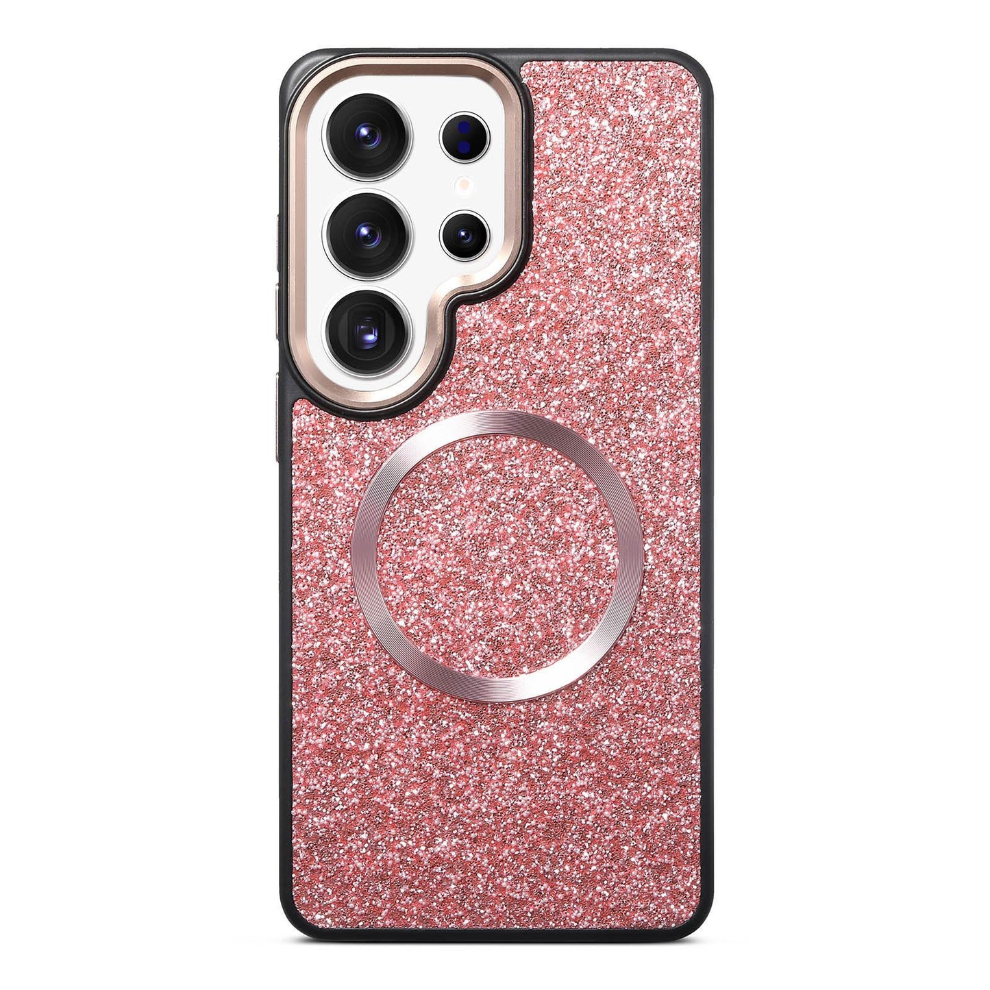 Galaxy S25 Ultra 5G Glitter Airbag Shockproof Magnetic Phone Case with Luxury Sparkly Finish, Metal Camera Lens Protection, PU & TPU Dual Layer Cover, Magnetic Wireless Charging Compatible, Anti-Drop Protective Bumper