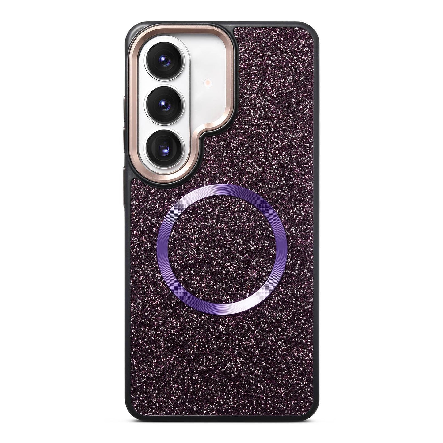 Galaxy S26 5G Glitter Airbag Shockproof Magnetic Phone Case with Luxury Sparkly Finish, Metal Camera Lens Protection, PU & TPU Dual Layer Cover, Magnetic Wireless Charging Compatible, Anti-Drop Protective Bumper