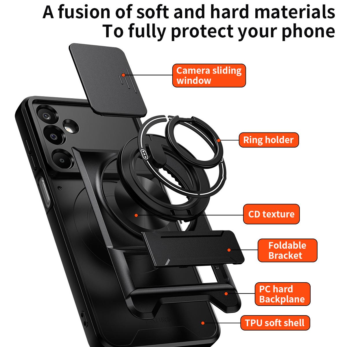 Samsung Galaxy M16 5G Multifunctional Magnetic Shockproof Phone Case with Sliding Lens Window Stand Cover